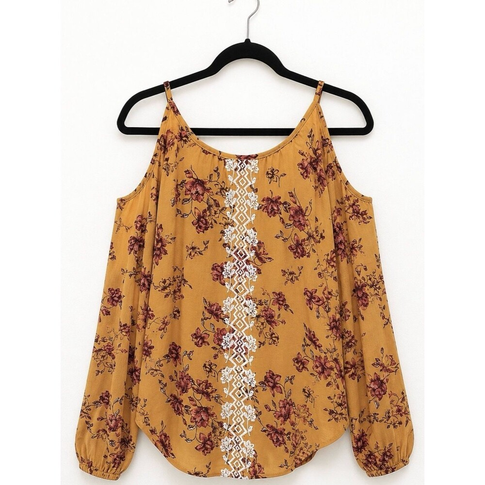 Xhilaration Mustard Floral Cold Shoulder Boho Peasant Blouse Size Small